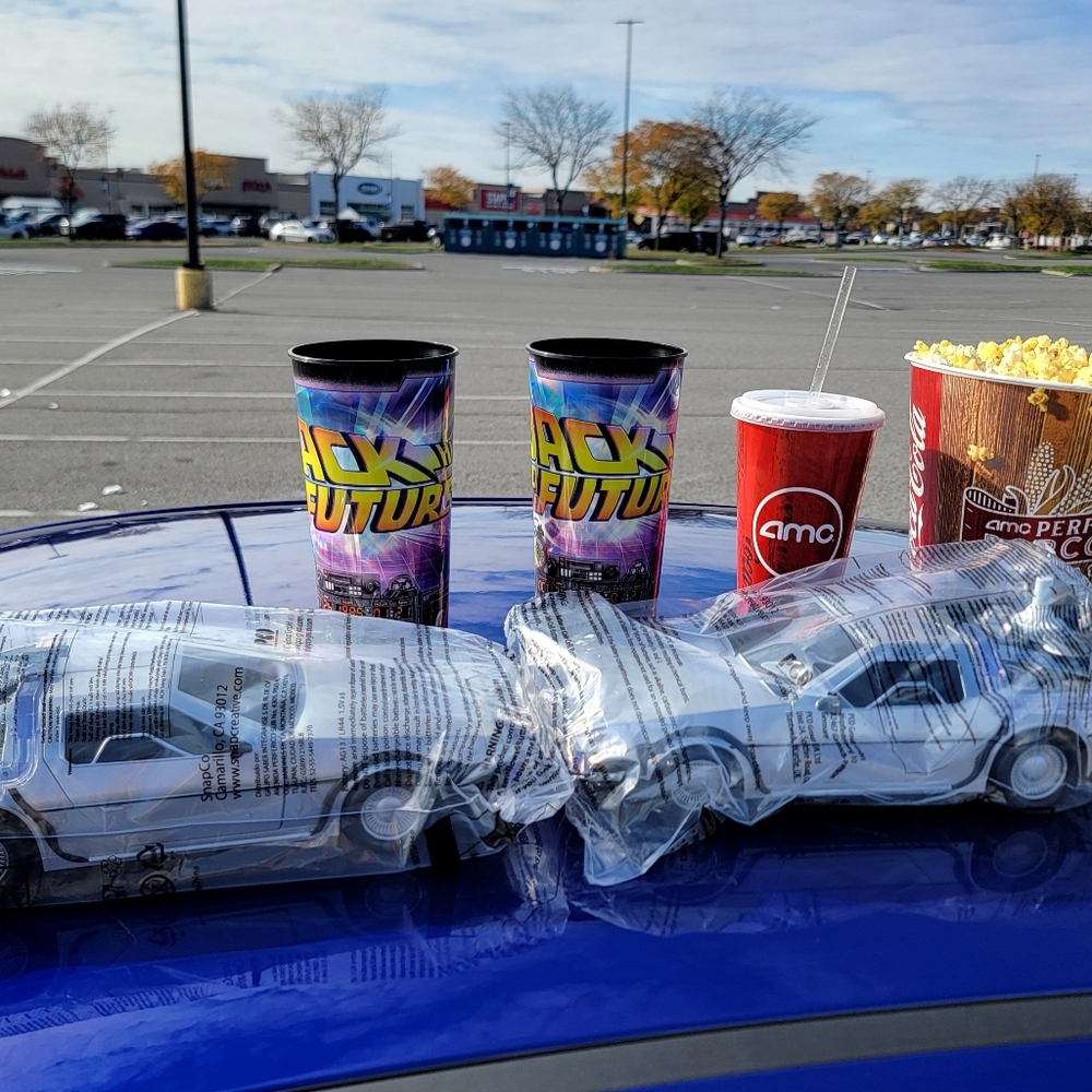 AMC Back to the Future 40th Anniversary DeLorean Popcorn Bucket and Cup.